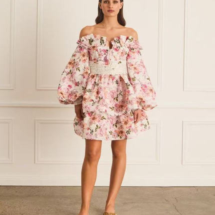 Aqua blu floral off shoulder mini dress