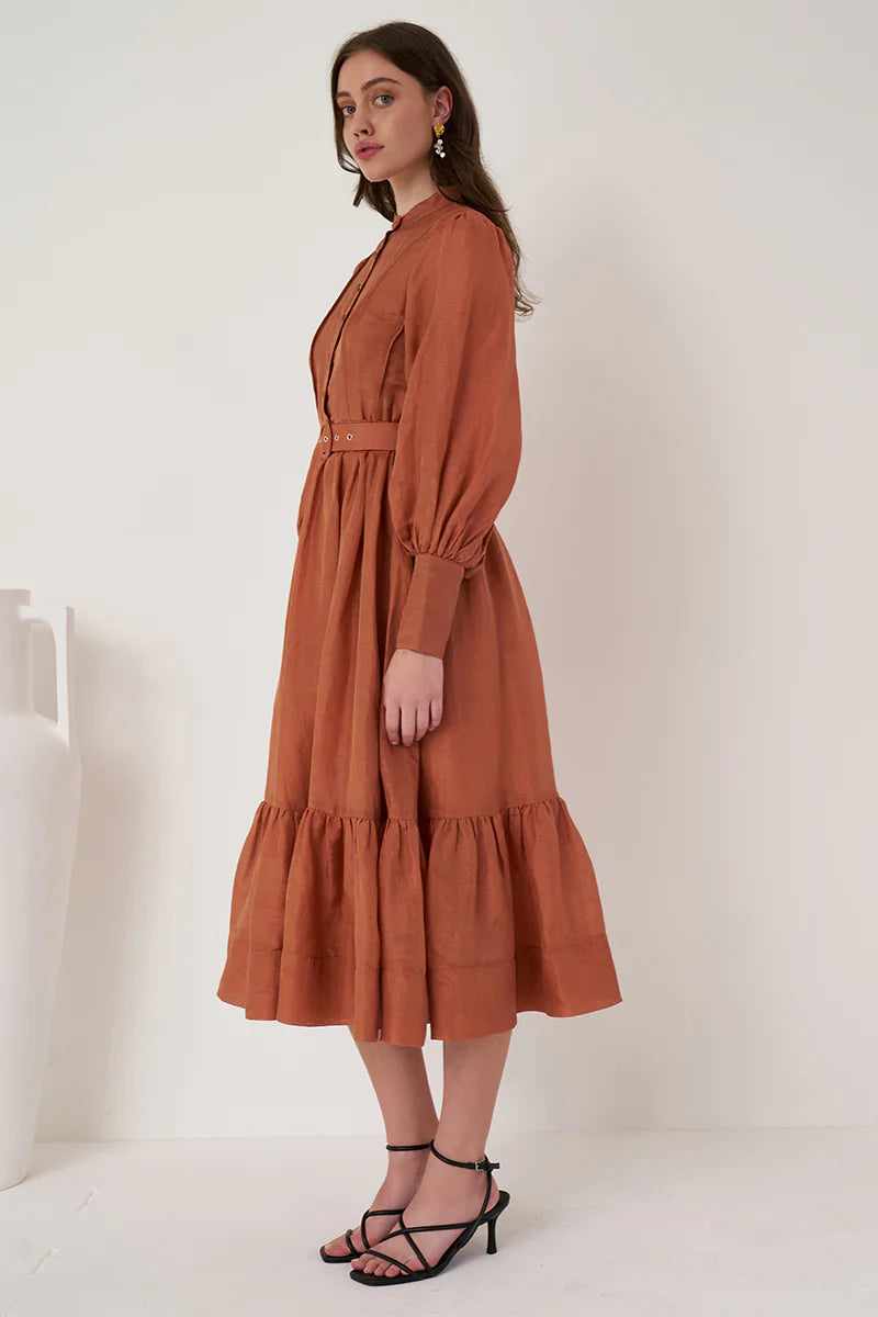 We Are Kindred Linen Round Belt Midi Dress