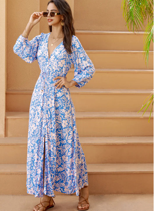 Azura Blue Floral Button Down Maxi Dress