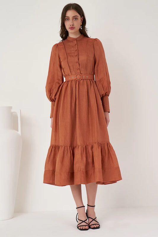 We Are Kindred Linen Round Belt Midi Dress