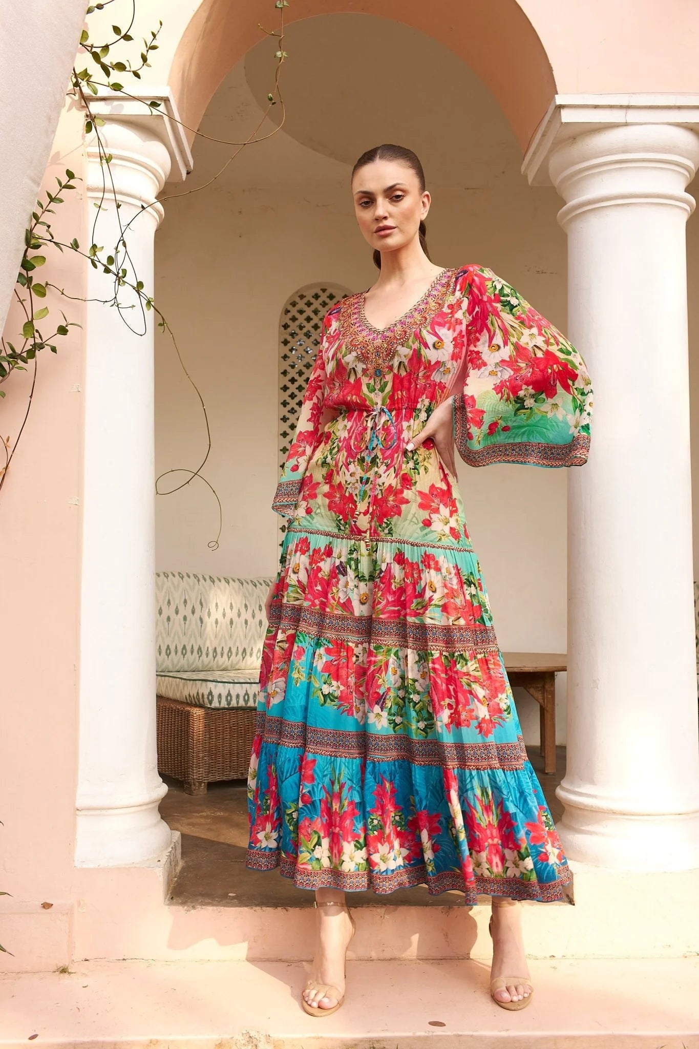 Czarina Pink Blossom Maxi Dress with Belt